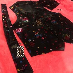 DiBanGu Mens Black Holiday Vest & Tie Set with Multicolor Snowflake Print